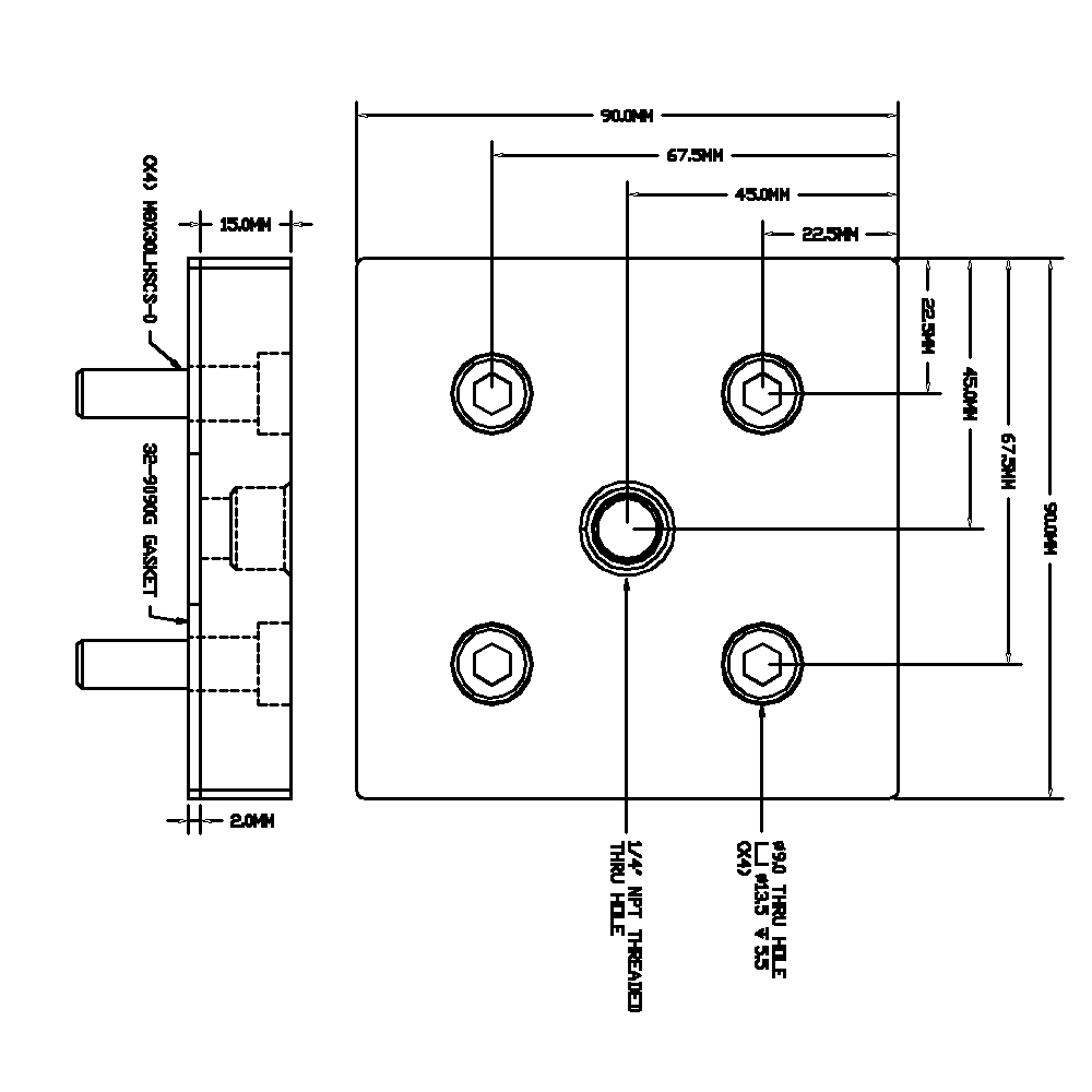 32-909014N-1 MODULAR SOLUTIONS PNEUMATIC PLATE 90MM X 90MM WITH GASKET 1/4" NPT THREADED CENTER THRU HOLE
